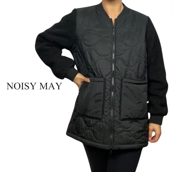 Noisy May Urban Quilted Sherpa Bomber Jacket Black - Size Large - Picture 1 of 12